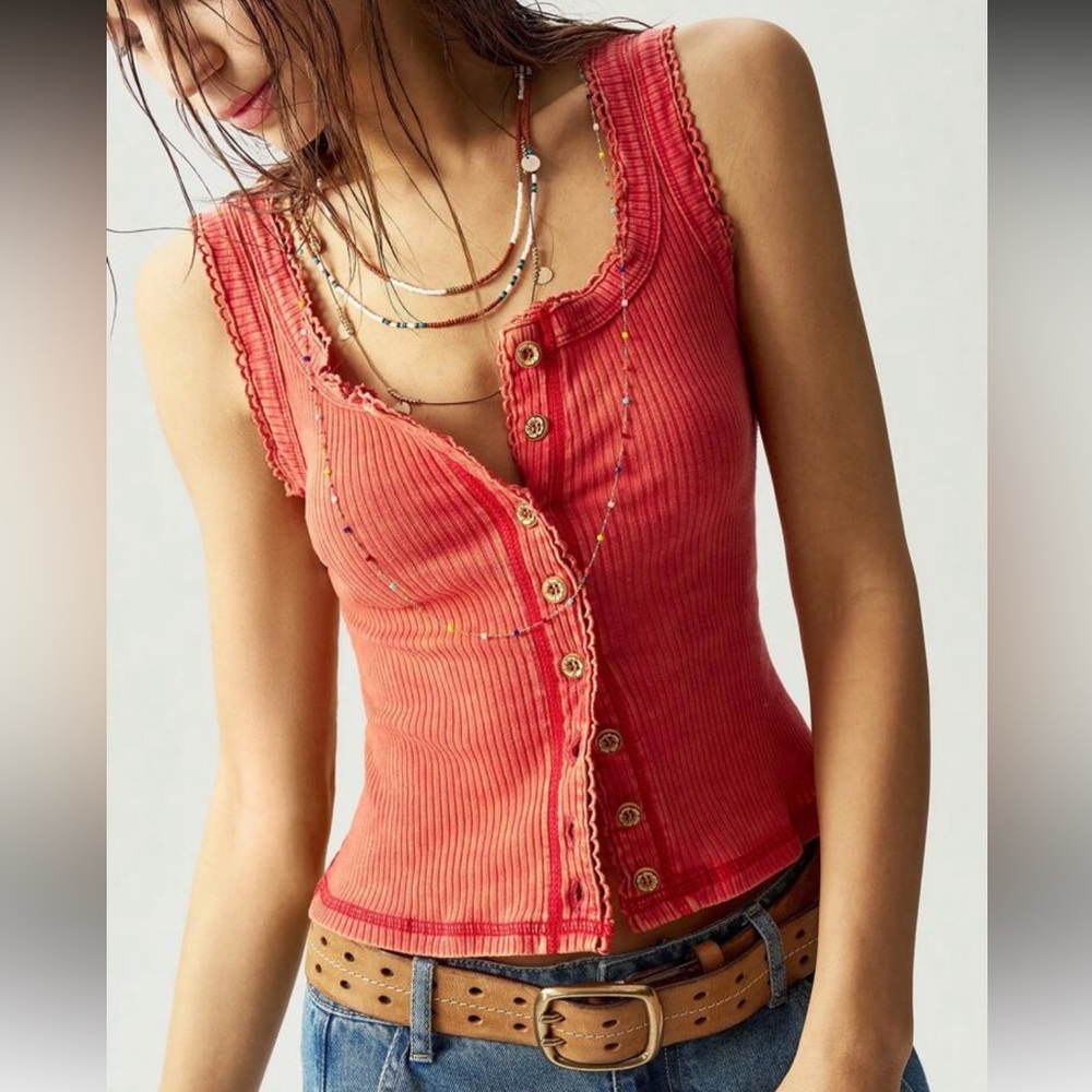 Orange Button-Down Ribbed Tank Top - Picture 1 of 15